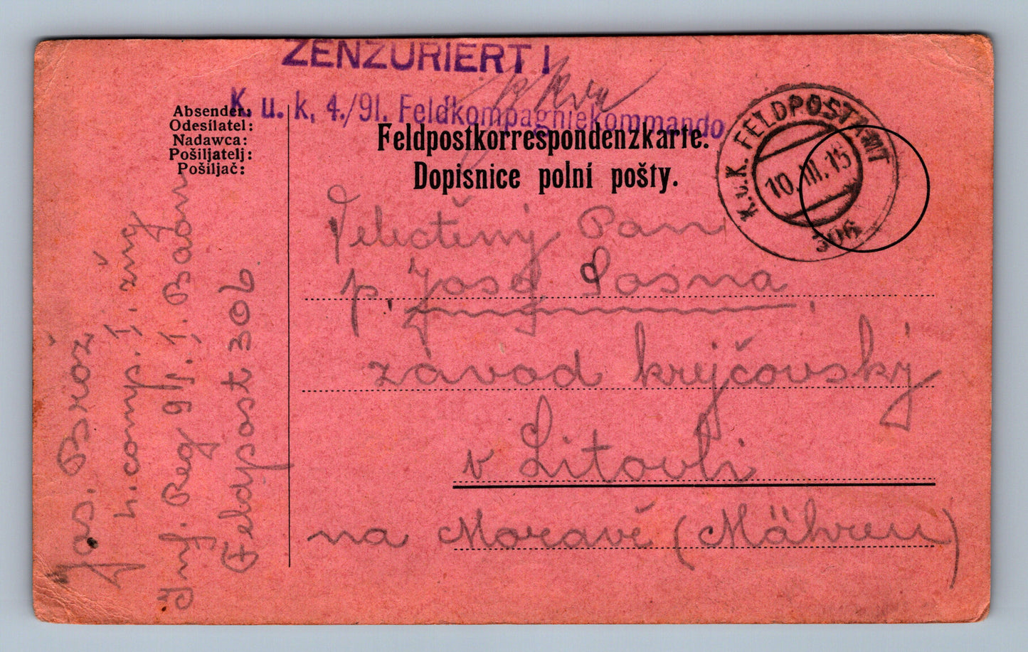 Pohlednice ZENZURIET I K.U.K FELDKOMAPGNIEKOMMANDO POLNÍ POŠTA (ST267)