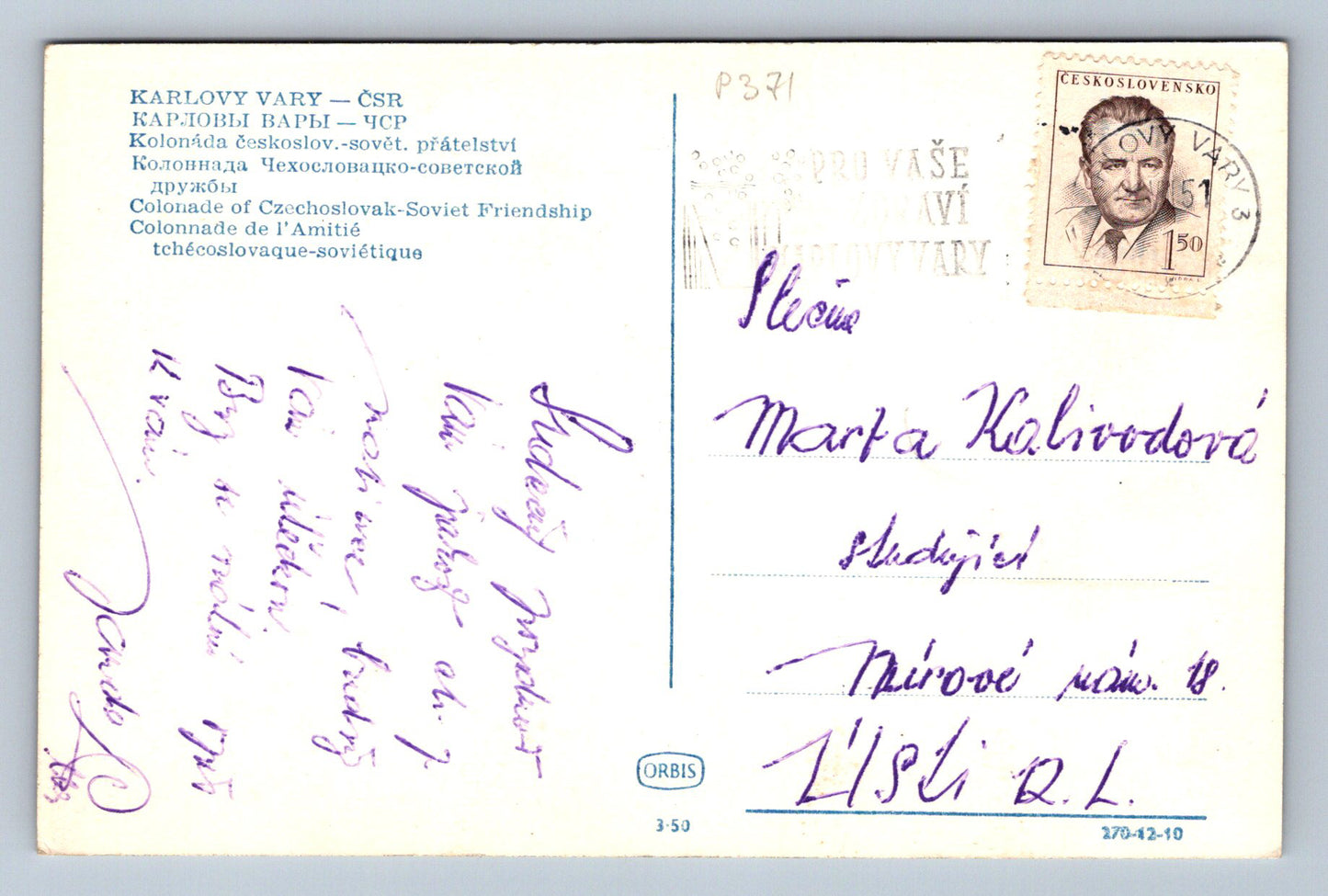 Pohlednice KARLOVY VARY - ČSR Kolonáda (P371)