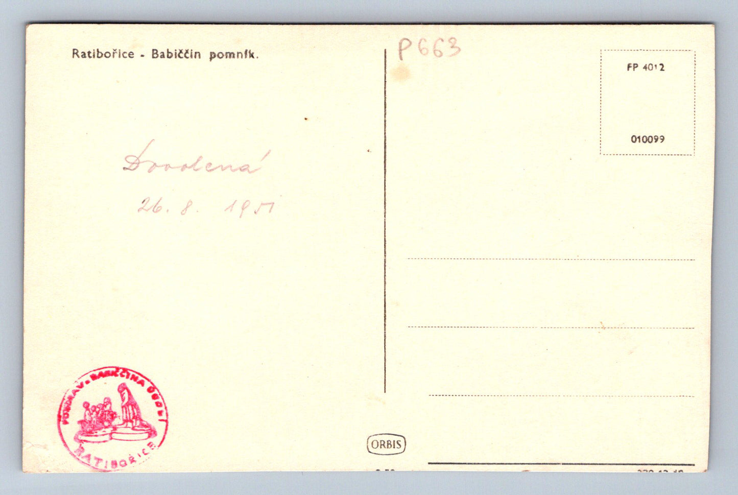 Pohlednice Ratibořice - BABIČČIN POMNÍK (P663)