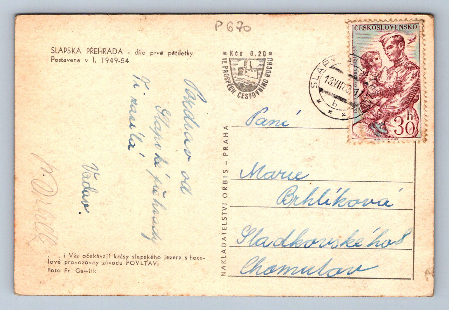 Pohlednice SLAPSKÁ PŘEHRADA - dílo prvé pětiletky Postavena(P670)