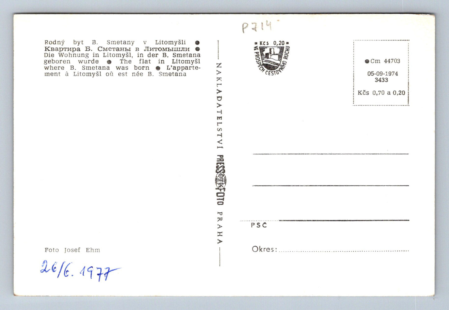 Pohlednice Rodný byt B. Smetany v Litomyšli (P714)