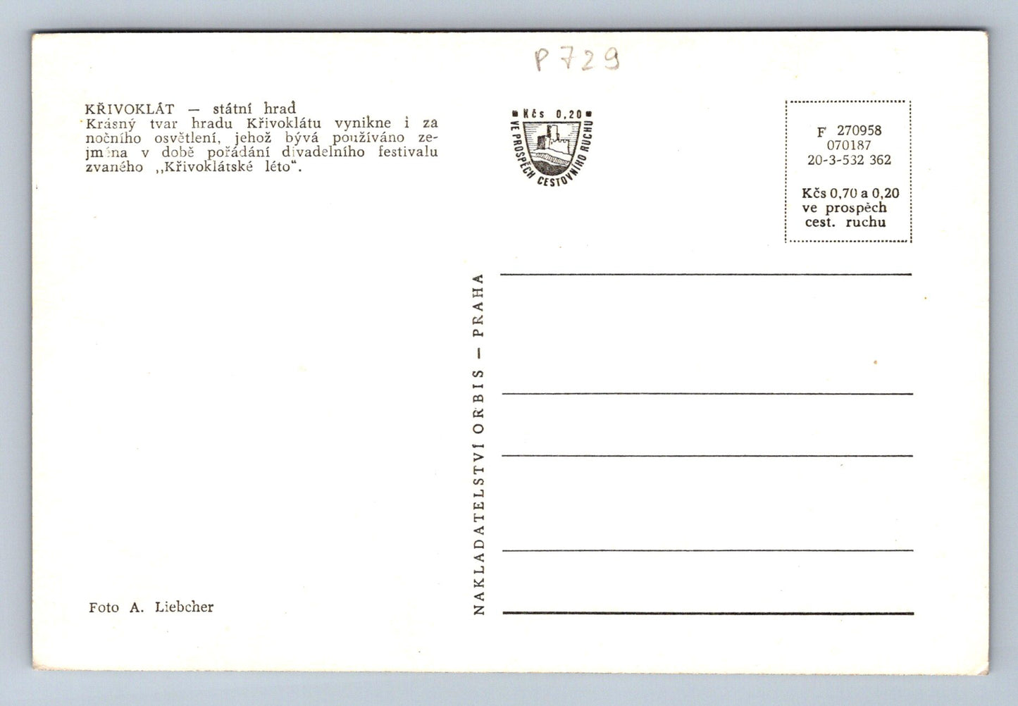 Pohlednice KŘIVOKLÁT - státní hrad (P729)