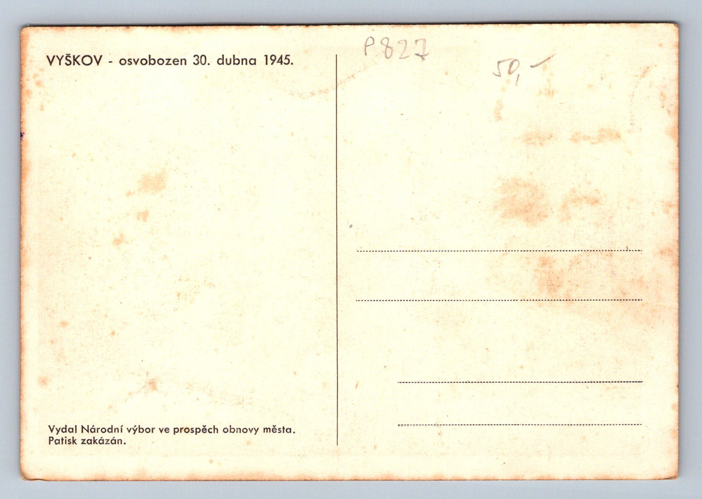 Pohlednice VYŠKOV - osvobozen 30. dubna 1945 (P827)