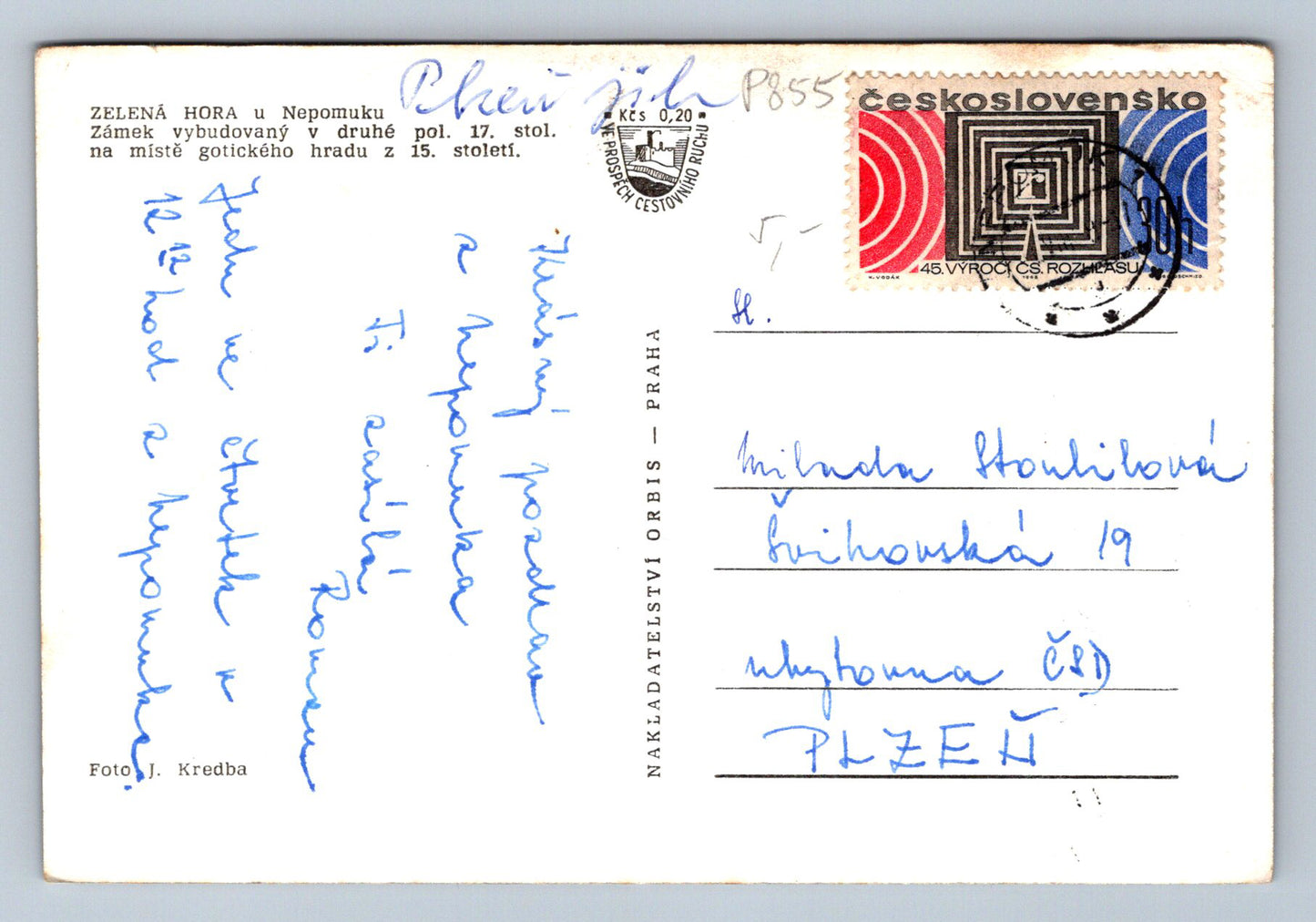 Pohlednice Zelená hora u Nepomuku (P855)