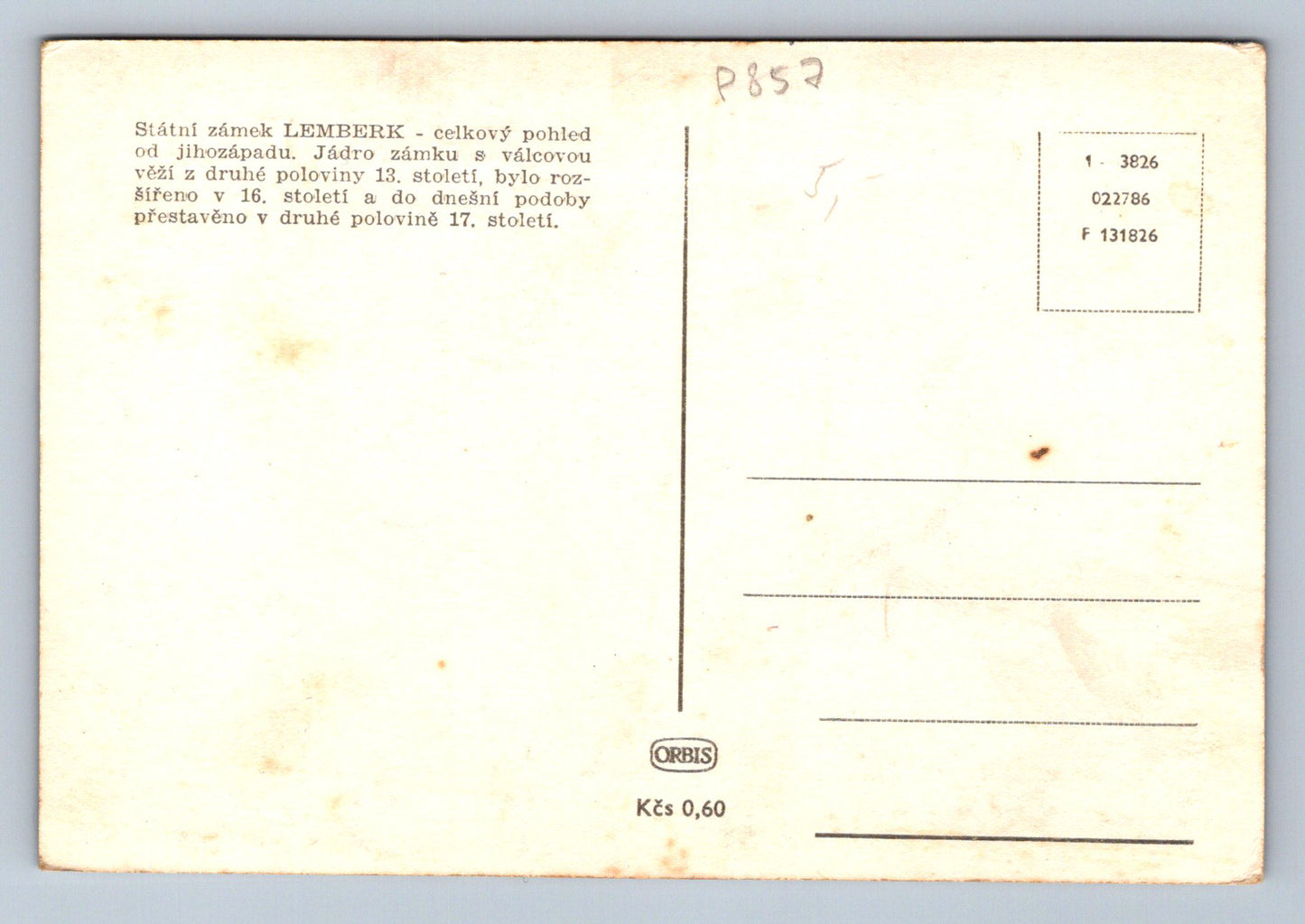Pohlednice Státní zámek LEMBERK - celkový pohled od jihozápadu (P857)