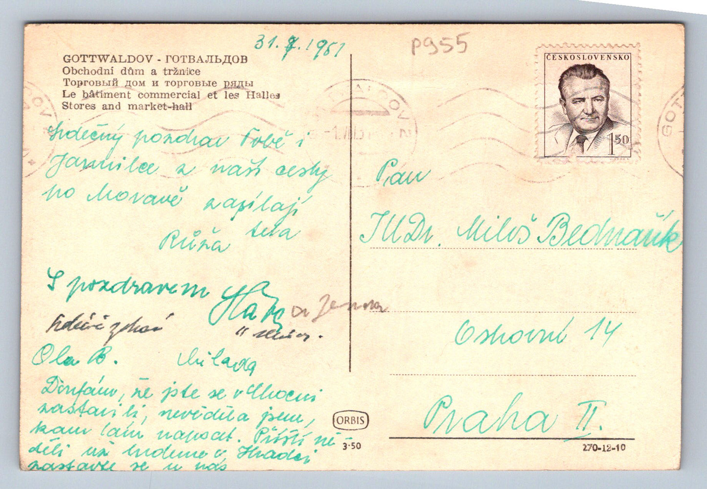 Pohlednice GOTTWALDOV - Obchodní dům a tržnice (P955)