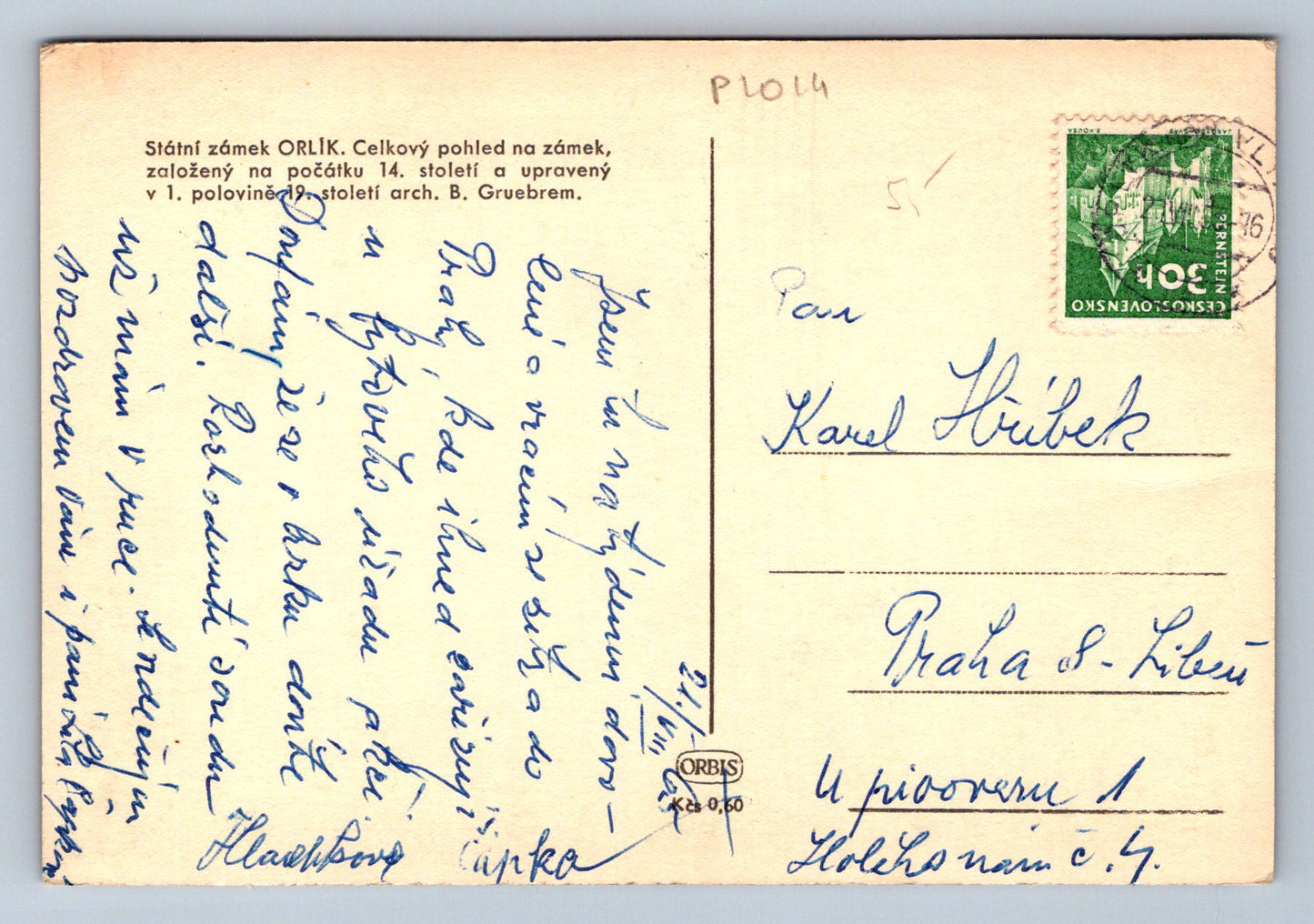 Pohlednice Státní zámek ORLÍK - celkový pohled na zámek (P1014)