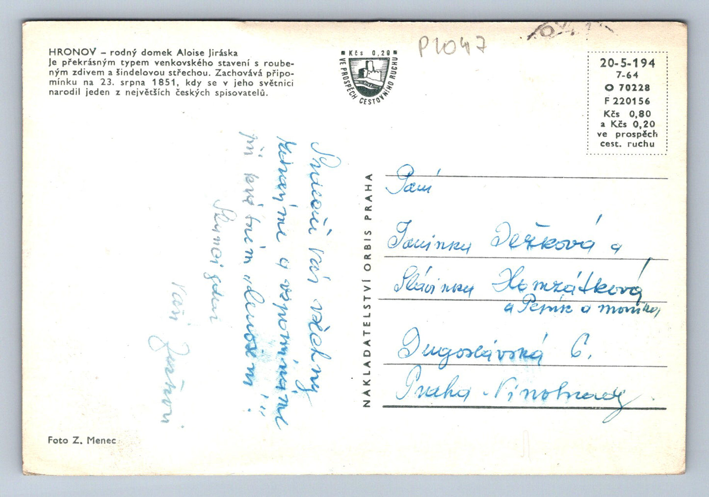 Pohlednice HRONOV - rodný domek Aloise Jiráska (P1047)