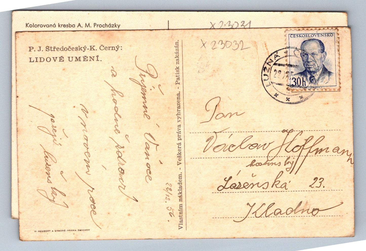 Pohlednice RADOSTNÉ VÁNOCE KOLOROVANÁ KRESBA A. M. PROCHÁZKY (X23031)