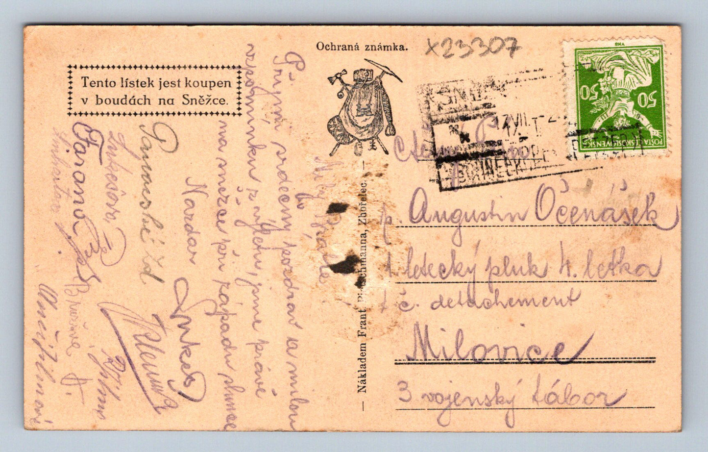 Postcard Krkonoše, houses on Sněžka with a watchtower, 1605 m above sea level (X23307)