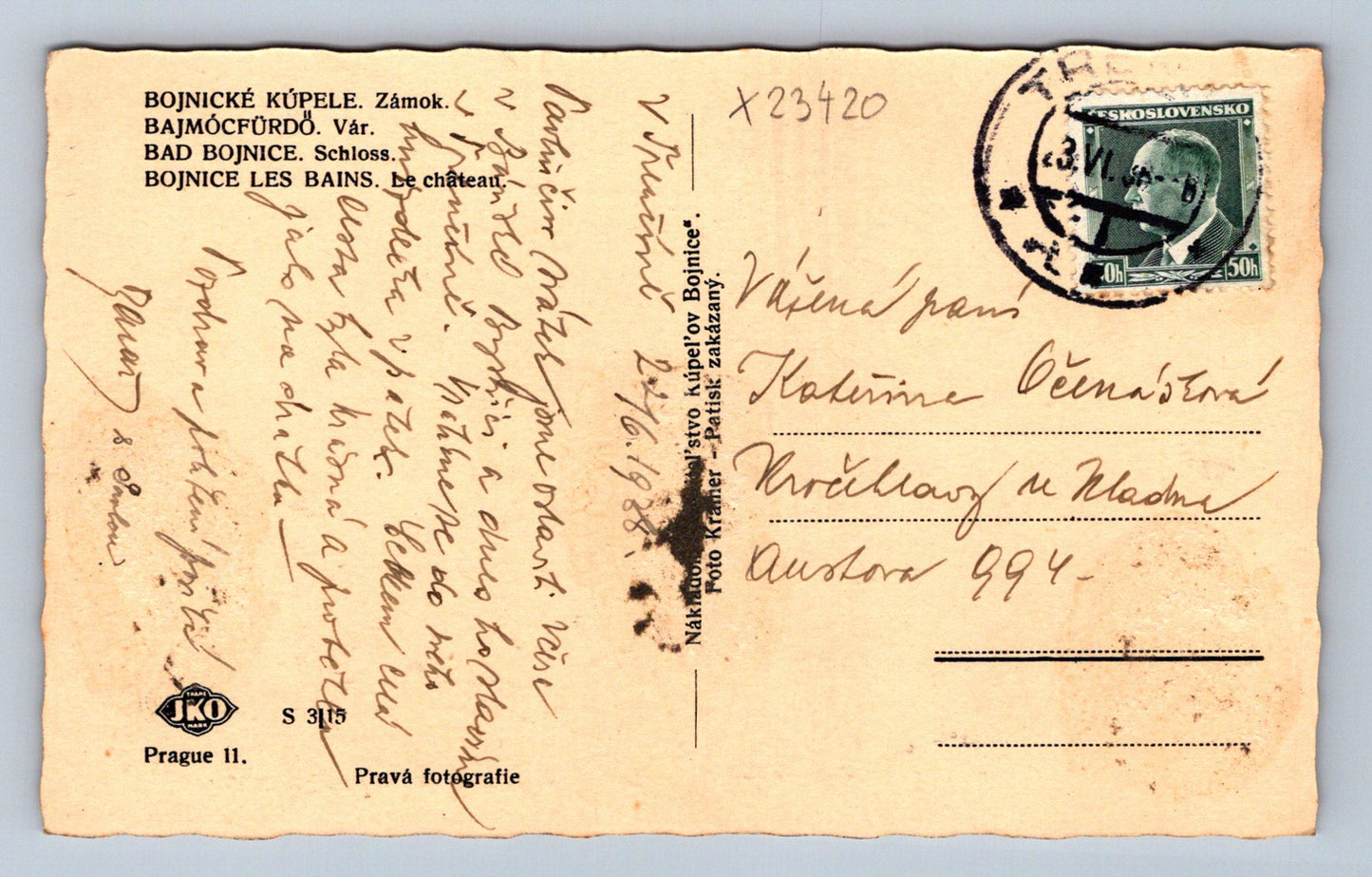 Postcard BOJNICKÉ KÚPELE - CASTLE (X23420)