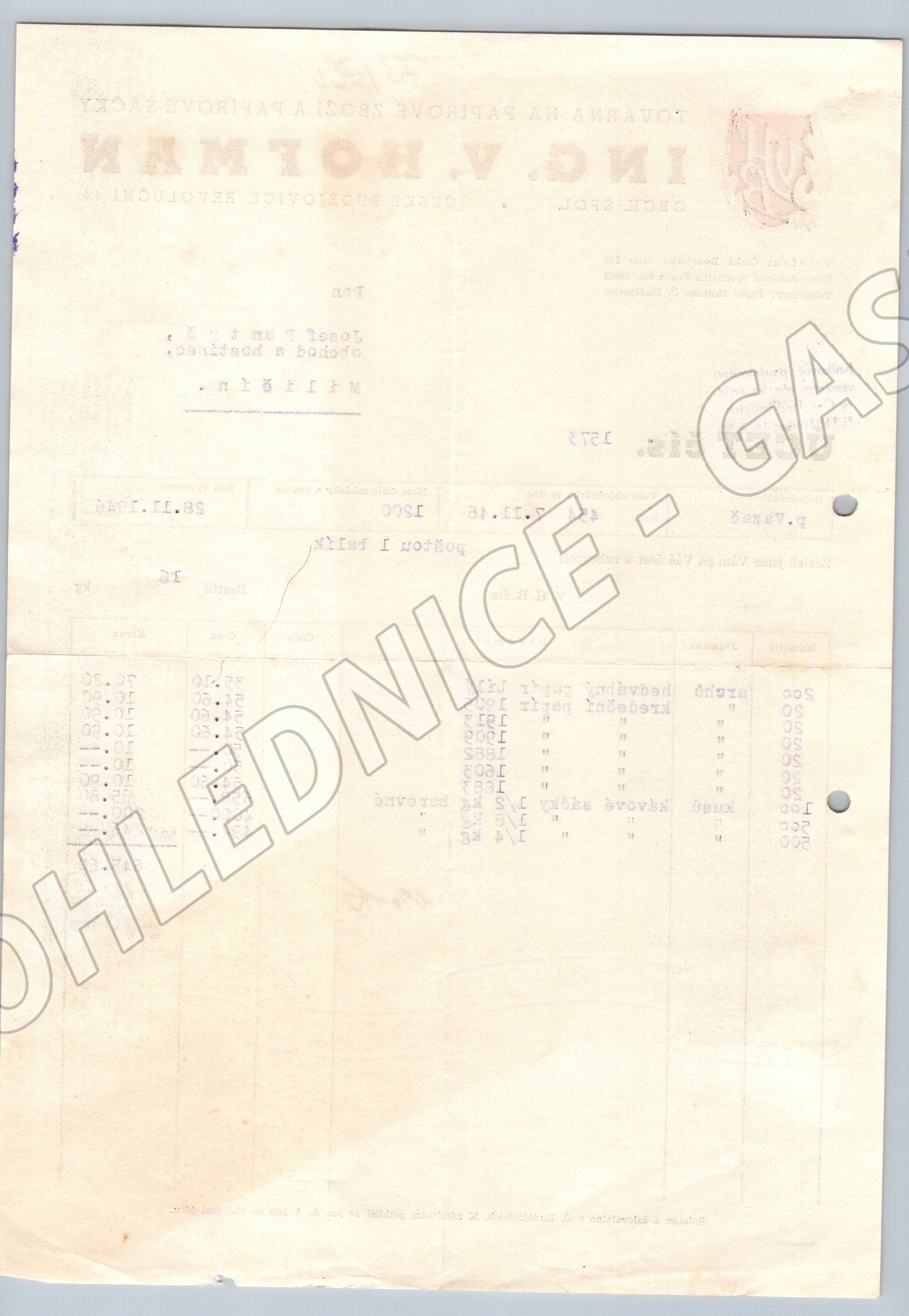 Stary účet Ing. V. Hofman České Budějovice 1946 (F111)