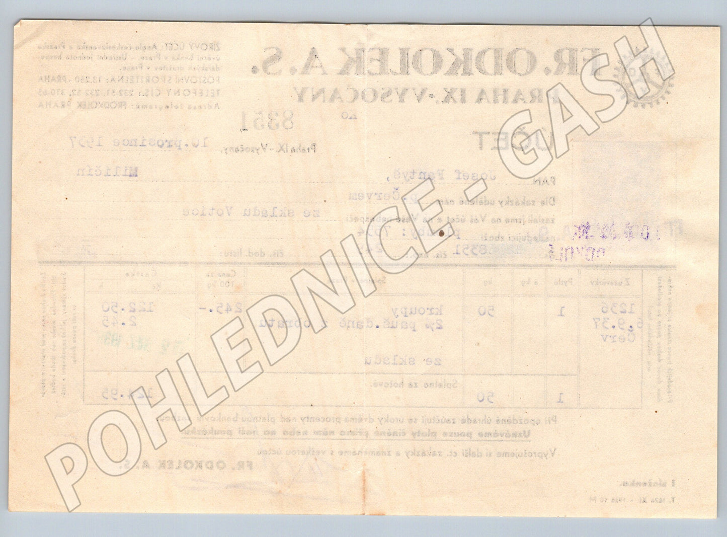 Stary účet Fr. Odkołek A.S. Praha IX-Vysočany 1937 kolek (F118)