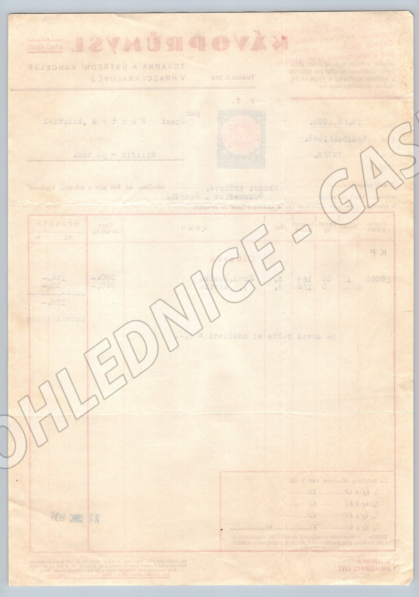 Stary KAVOPRŮMYSL Hradec Králové faktura 1939 s kolkem (F121)