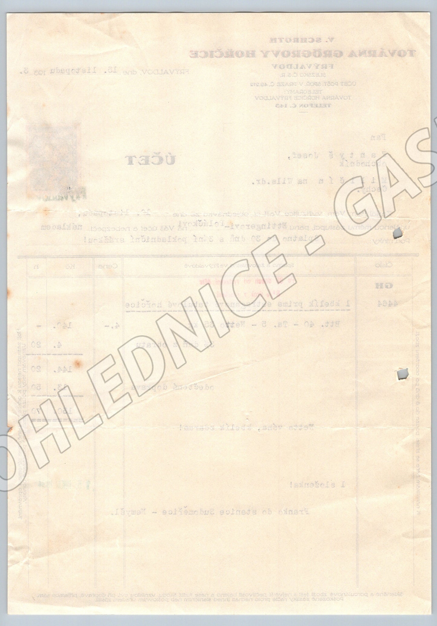 Stary účet Továrna Grügrovy Hořice Frývaldov 1933 (F136)