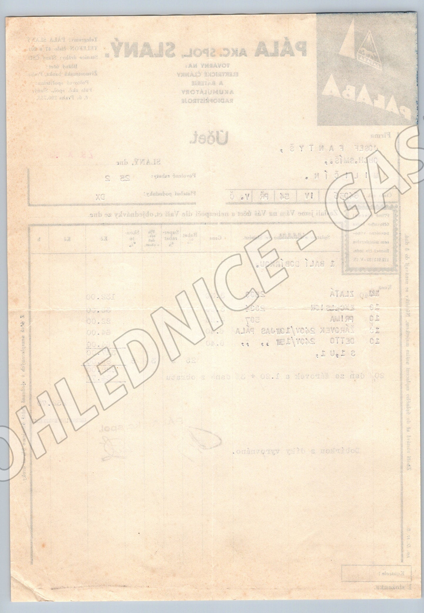 Stary účet PÁLA AKC. SPOL. Slaný Žárovky a baterie 1937 (F141)