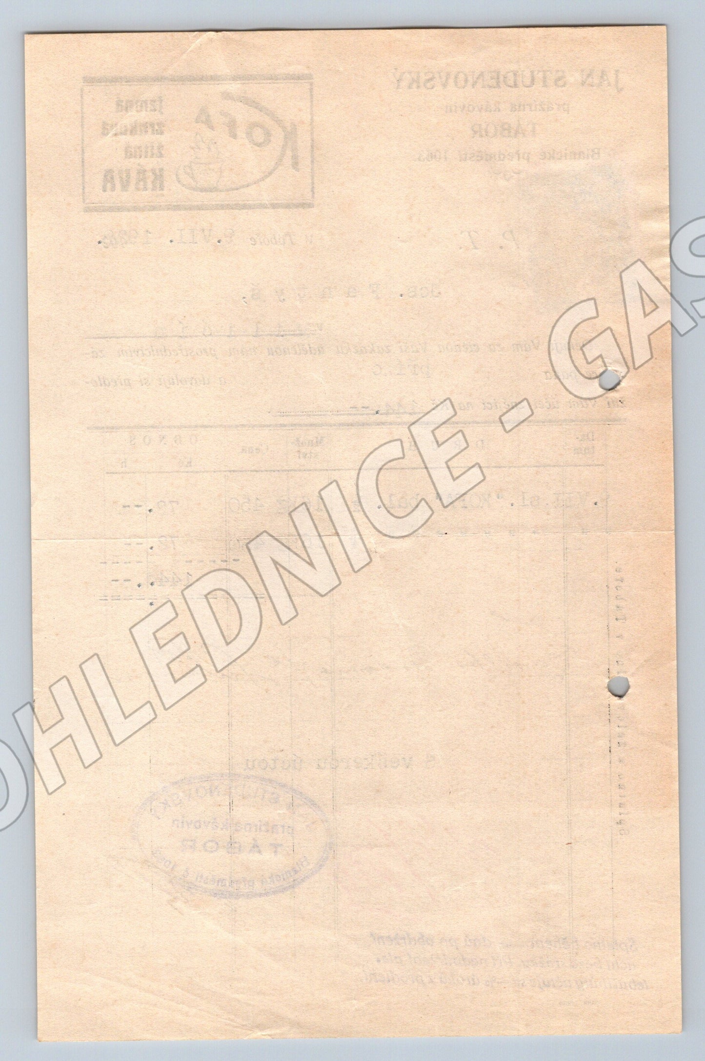 Stary účet JAN STUDENOVSKÝ Tábor KOFA káva 1928 (F143)
