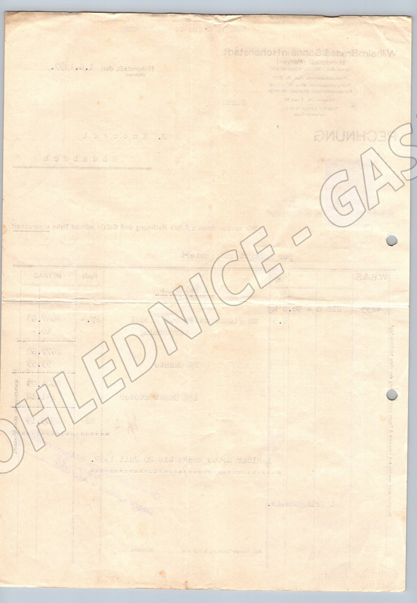 Stary dokument faktura Wilhelm Brass & Söhne Hohenstadt 1937 (F158)