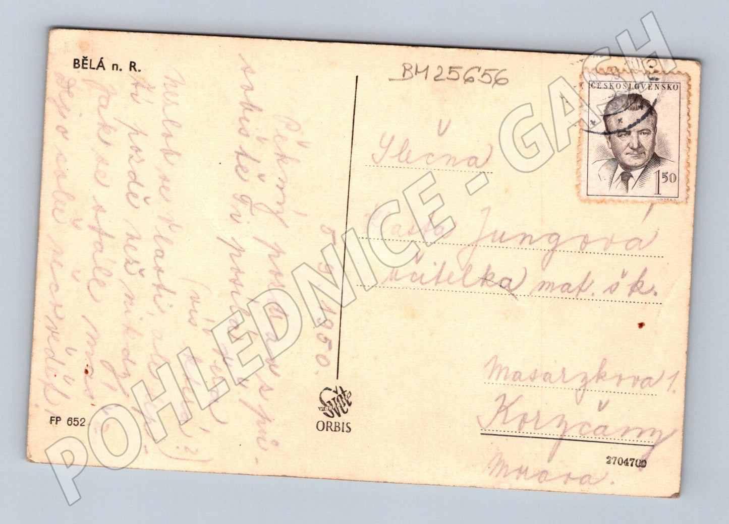 Pohlednice Bělá n. R. venkovská krajina s obcí 1950 (BM25656)