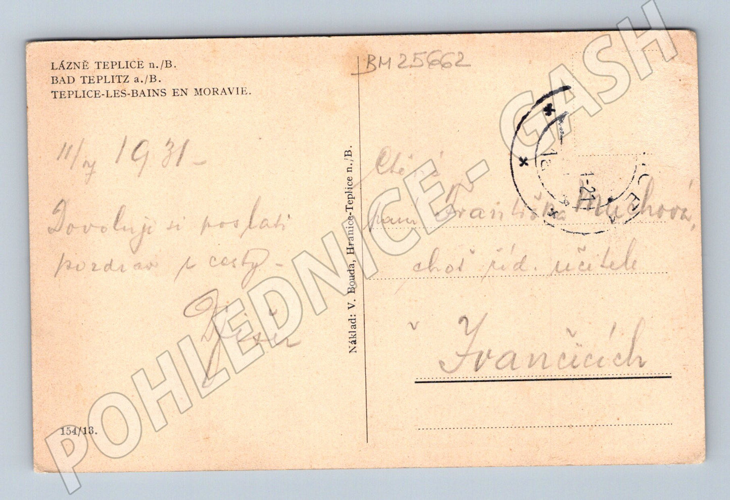 Pohlednice Teplice nad Bečvou kaple u vody 1931 (BM25662)