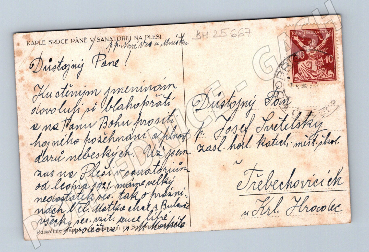 Pohlednice Pleš Kaple Srdce Páně vitráže 1927 (BM25667)