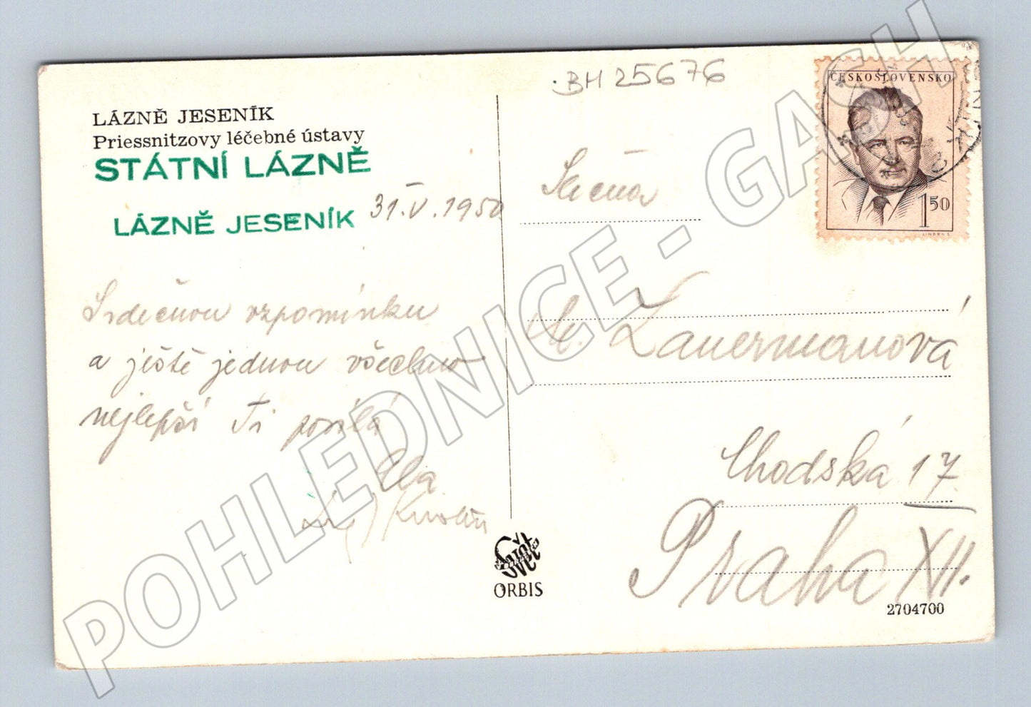Pohlednice Lázně Jeseník Priessnitzovy léčebné ústavy 1950 (BM25676)
