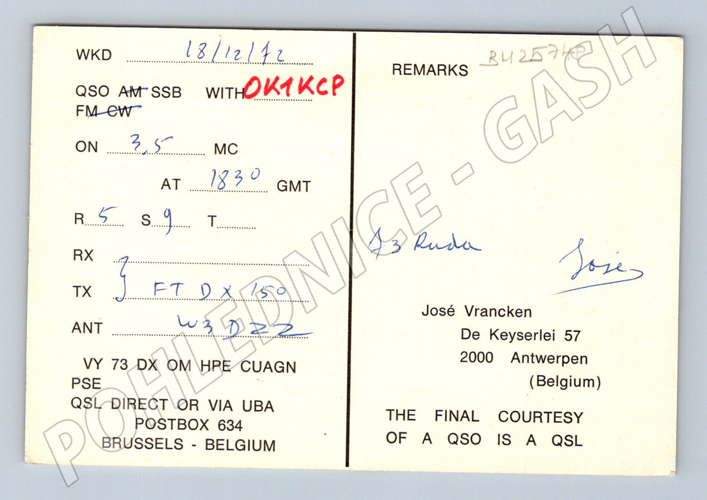 Pohlednice Belgie QSL karta ON6GV 1942 (BM25748)