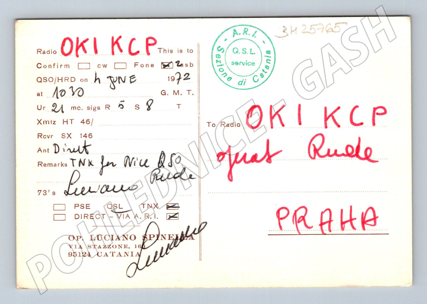 Pohlednice Itálie Sicílie QSL karta stylizovaná mapa 1972 (BM25765)
