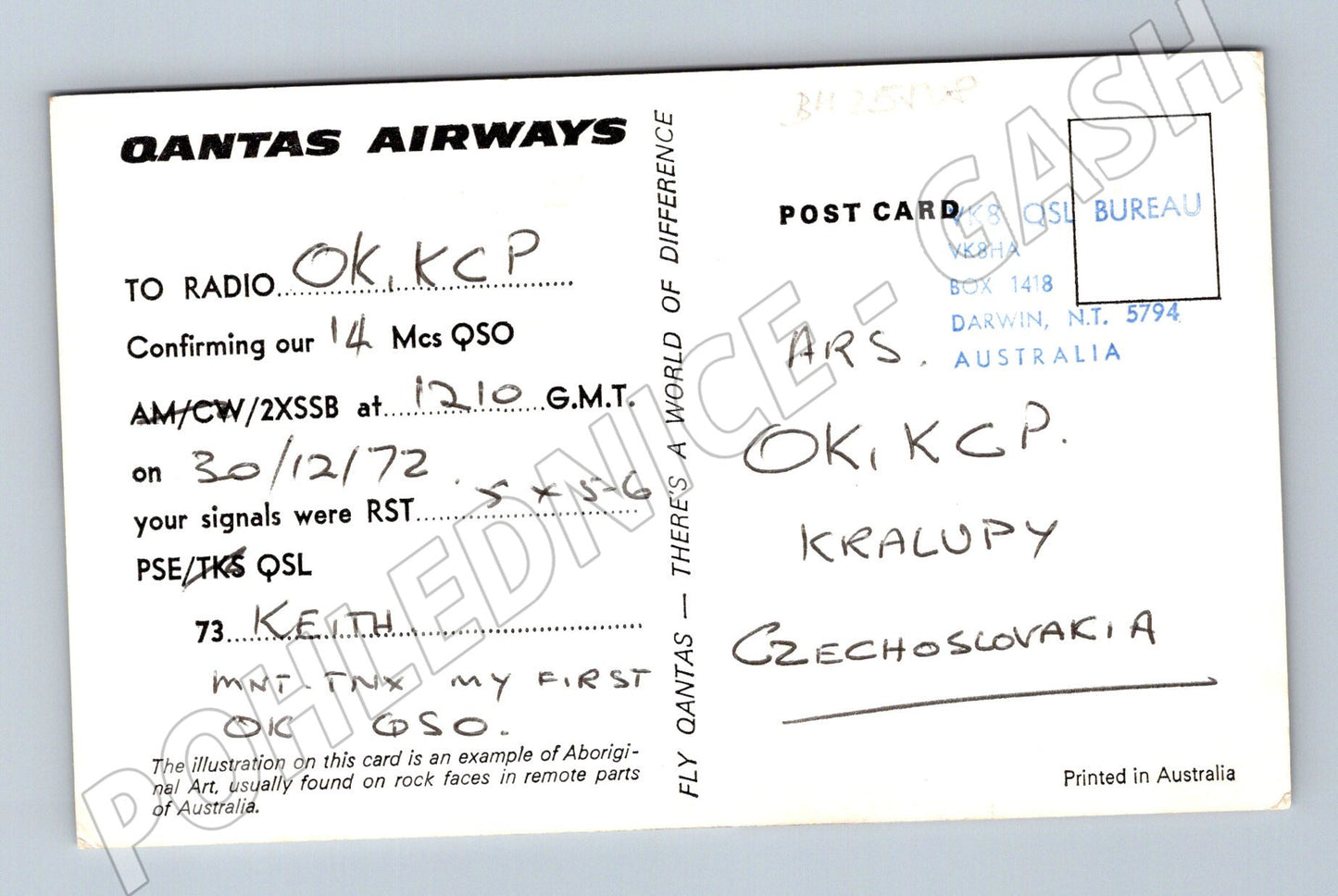 Austrálie Qantas QSL karta aboridžinské umění 1972 (BM25808)