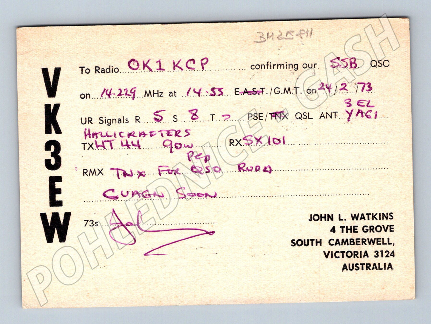 Pohlednice Austrálie QSL karta VK3EW Melbourne 1973 (BM25811)