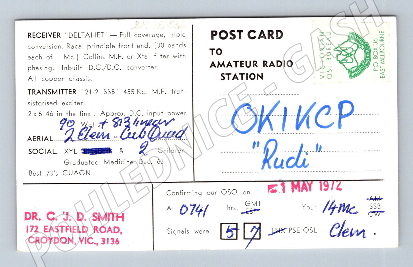 Pohlednice Austrálie amatérské rádio QSL VK3AYY 1972 (BM25836)