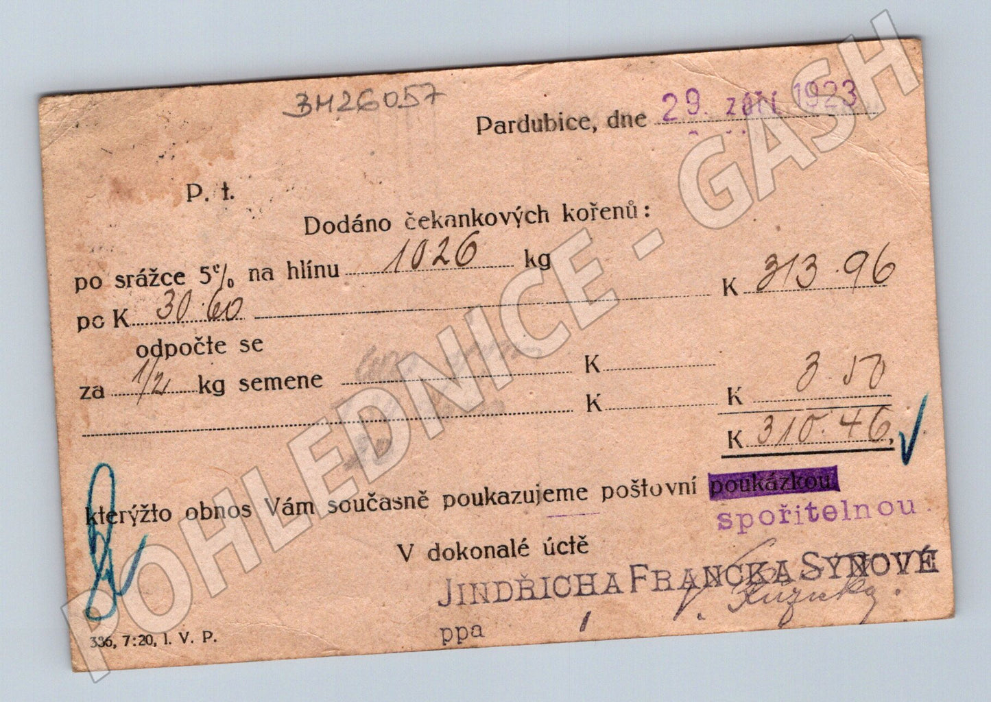 Pohlednice Pardubice účtenka čekanka 1923 (BM26057)
