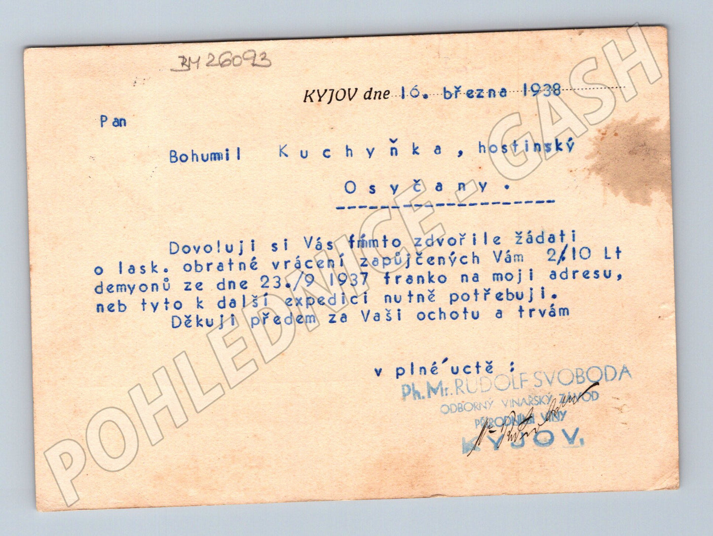 Pohlednice Kyjov obchodní korespondence 1938 (BM26093)