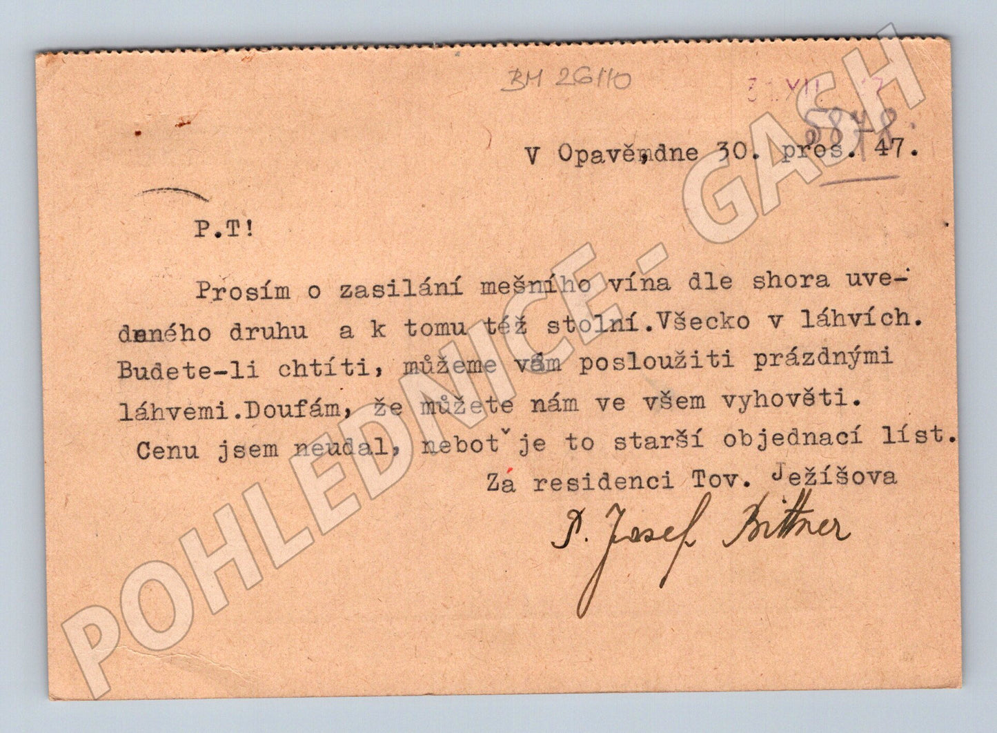 Pohlednice Kroměříž Unitas objednávka vína 1947 (BM26110)