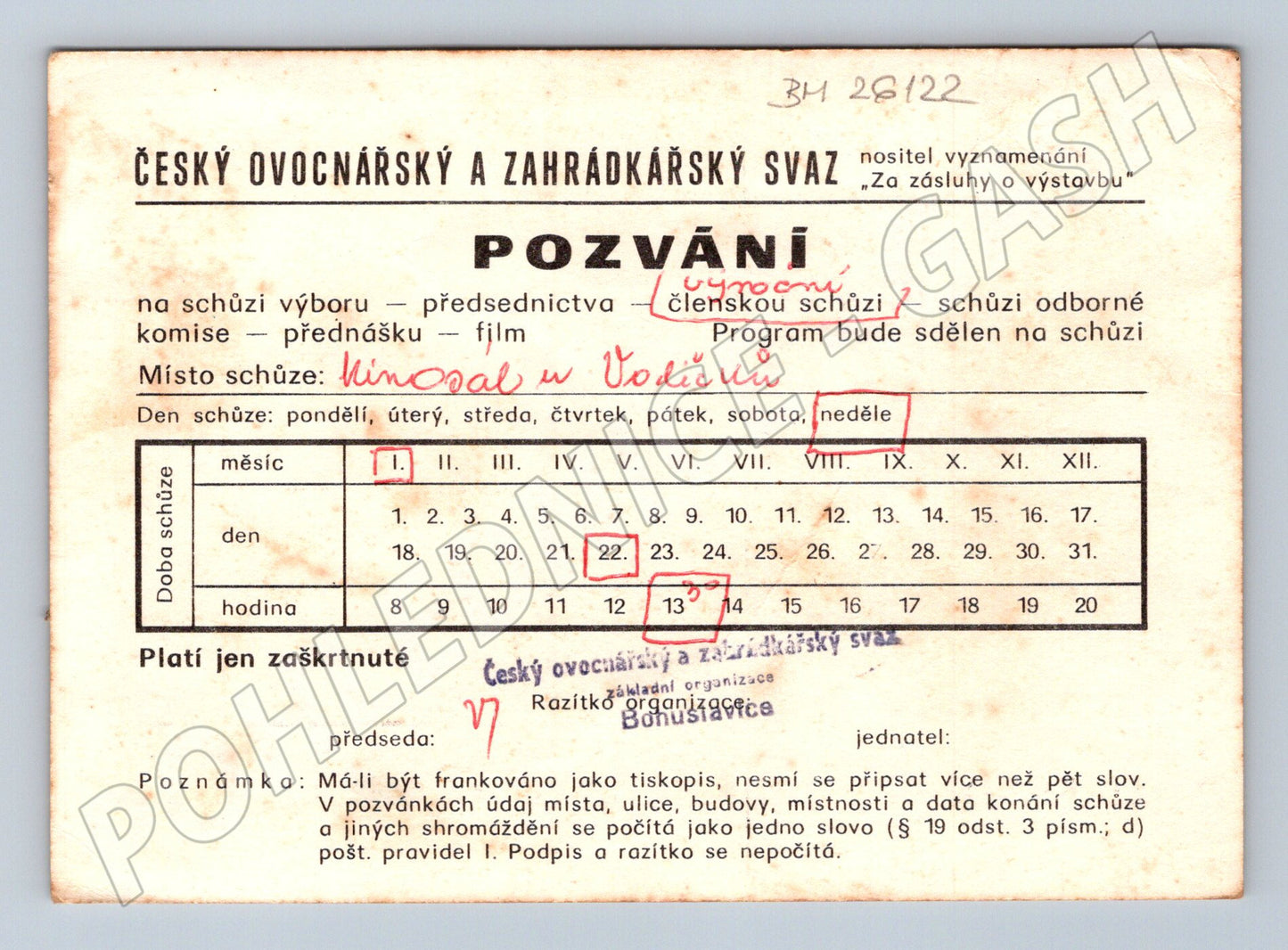 Pohlednice Český ovocnářský svaz pozvánka Bohuslavice (BM26122)
