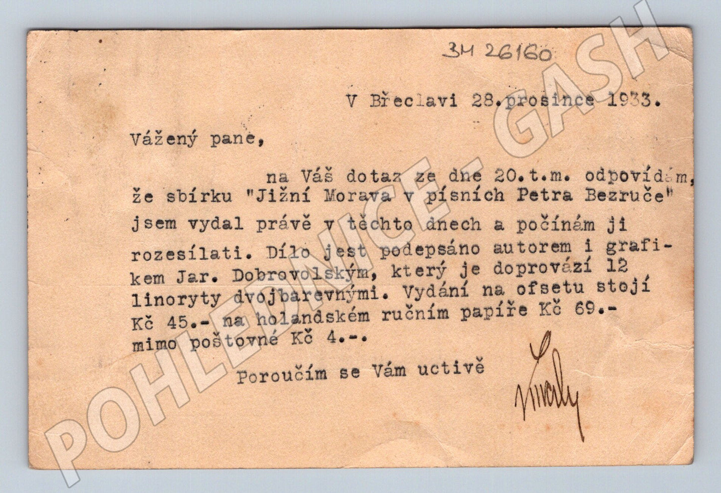 Pohlednice Břeclav Alois Kučík Petr Bezruč 1933 (BM26160)