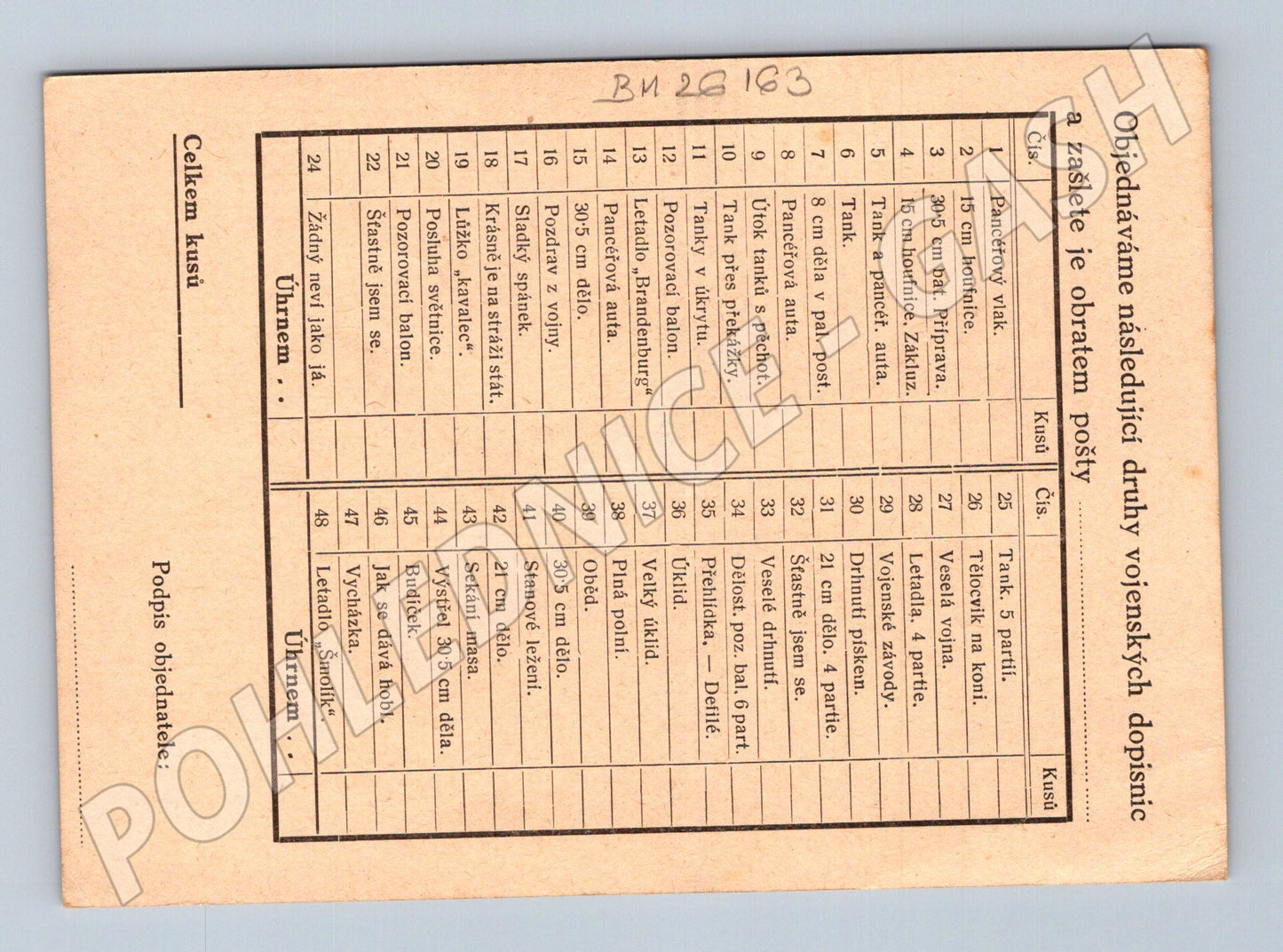 Pohlednice Milovice u Lysé n. L. objednávkový list armáda (BM26163)