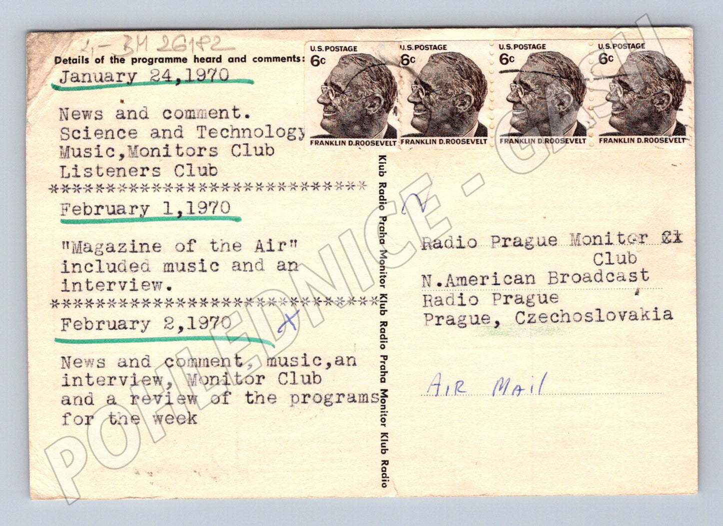 Pohlednice USA Radio Praha QSL karta 1970 (BM26182)