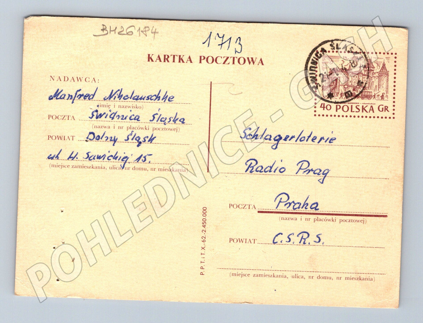 Pohlednice Polsko Šwiątnica Śląska na Radio Prag 1964 (BM26184)