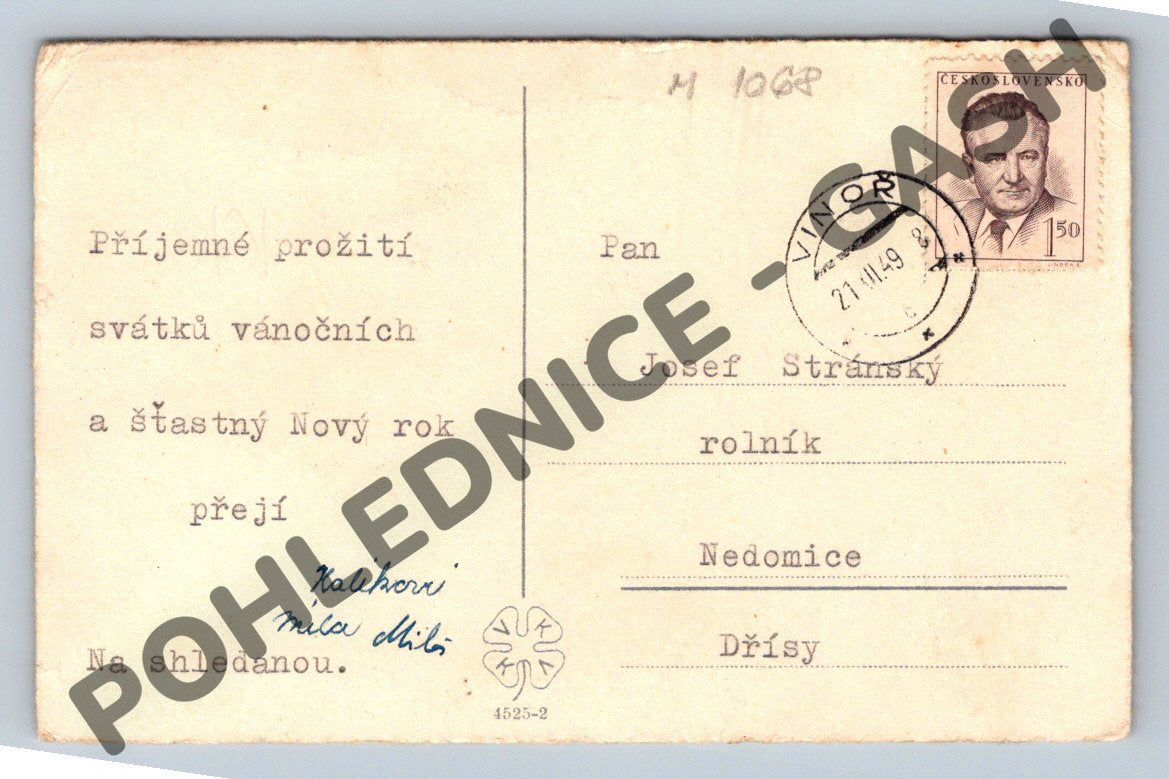 Pohlednice Vánoce 1949 zimní motiv dítě na lyžích (M1068)