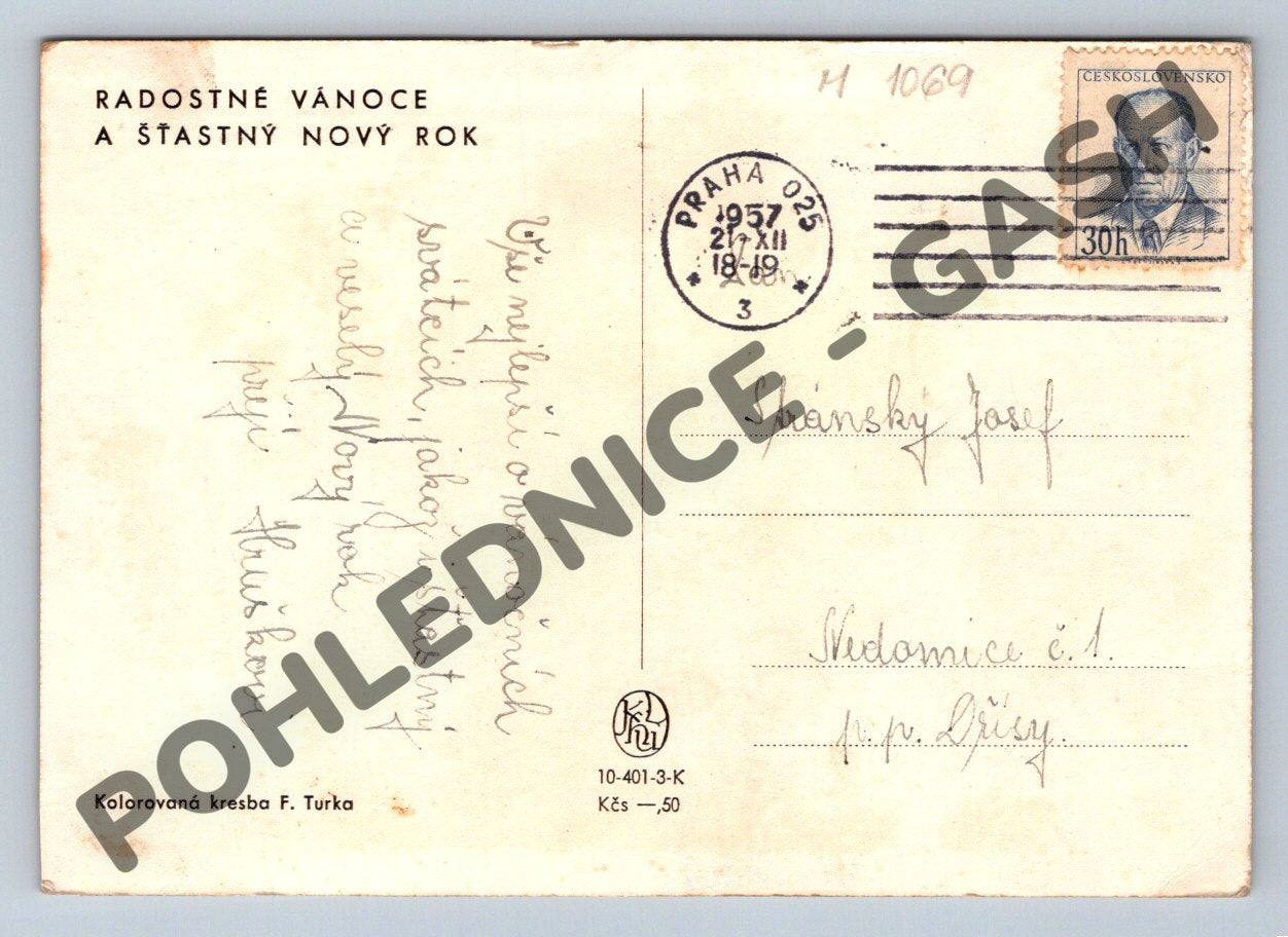 Pohlednice Vánoce F. Turek kolorovaná kresba 1957 (M1069)