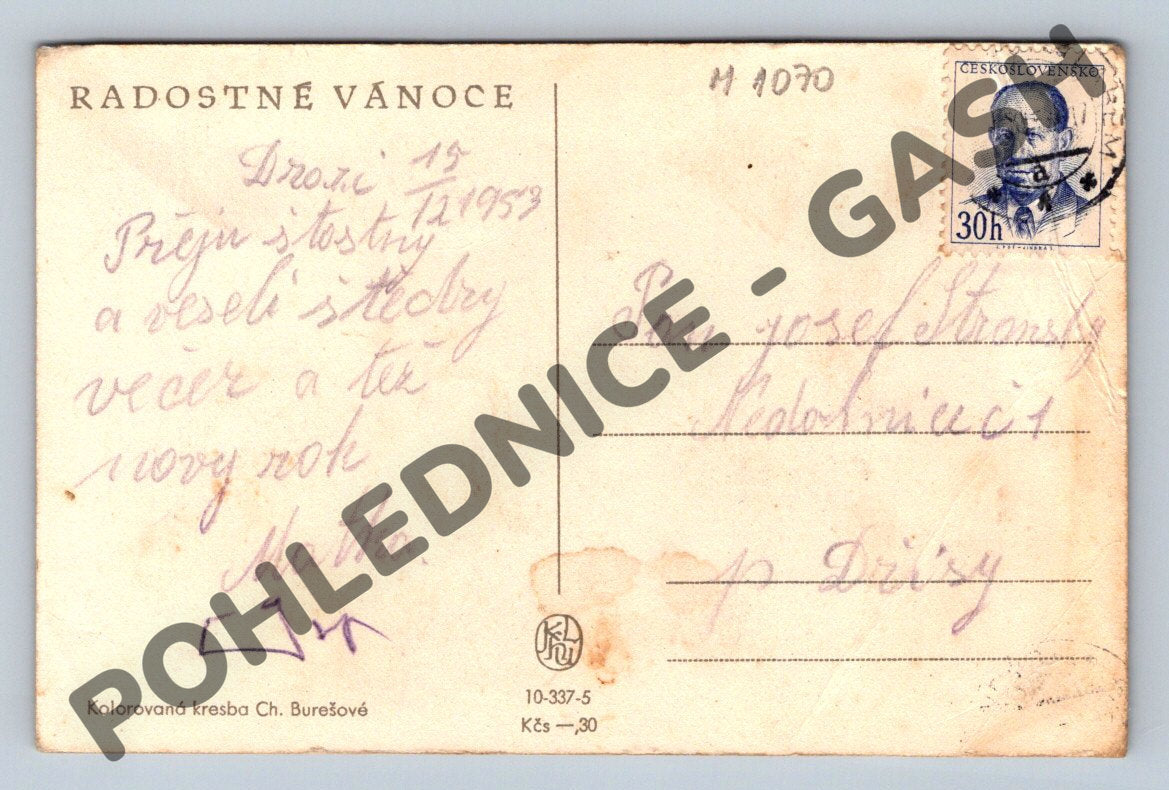 Pohlednice Vánoce 1953 ilustrace Ch. Burešová (M1070)