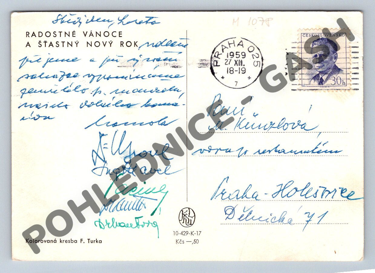 Pohlednice Vánoce Praha F. Turek kolorovaná 1959 (M1078)