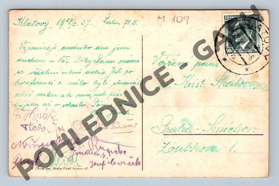 Pohlednice Klatovy od Huťky malý formát 1937 (M109)