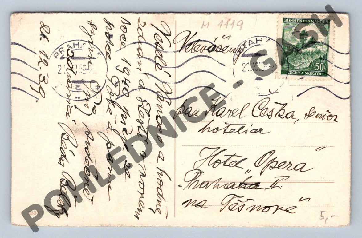 Pohlednice Vánoce 1942 zimní krajina Hotel Opera Praha (M1119)