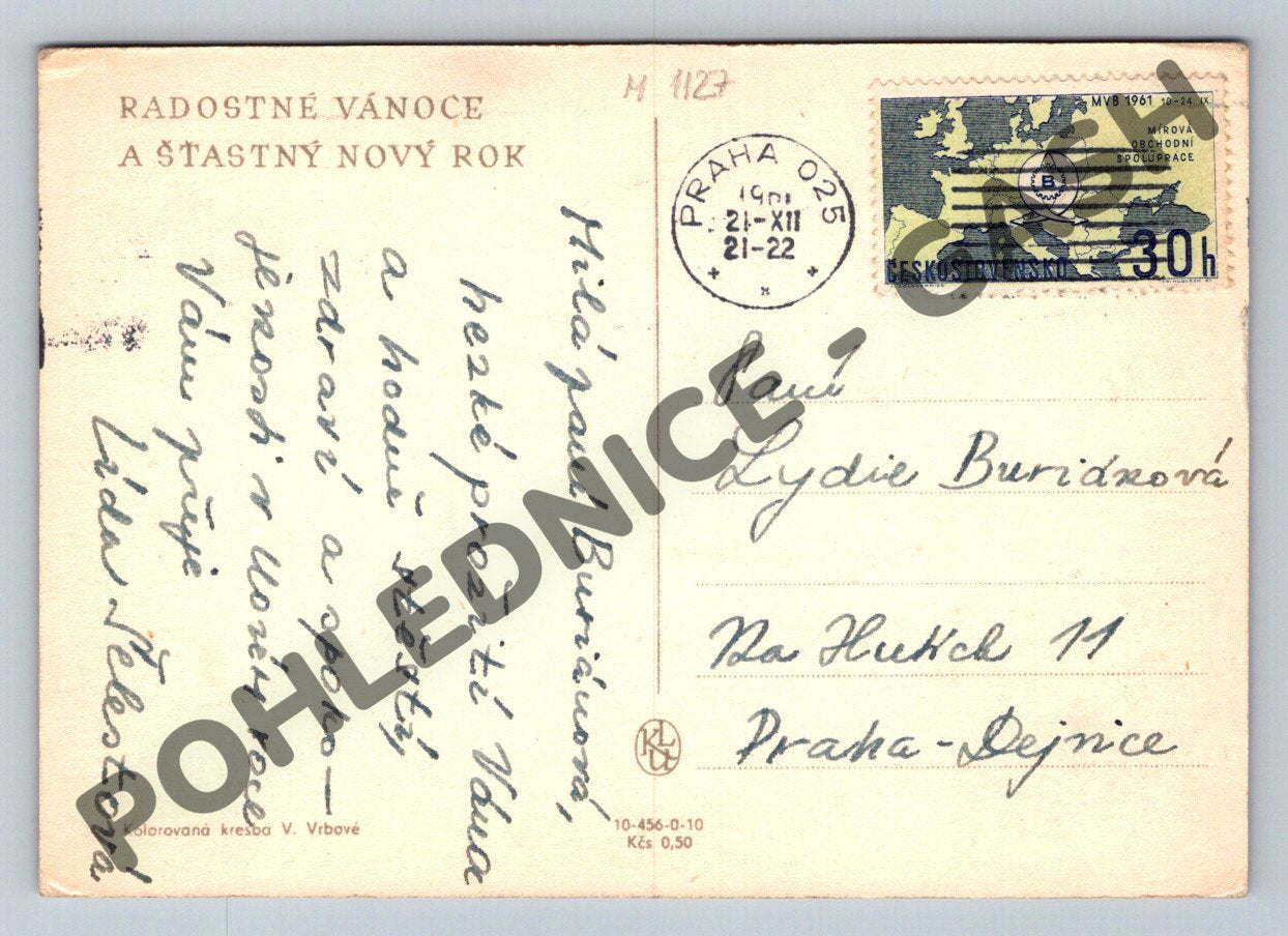 Pohlednice Vánoce V. Vrbová kolorovaná kresba (M1127)