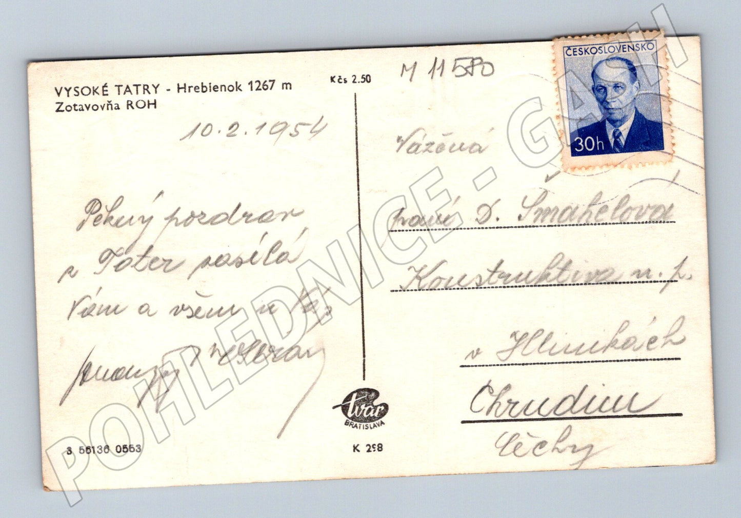 Pohlednice Vysoké Tatry Hrebienok 1954 (M11580)