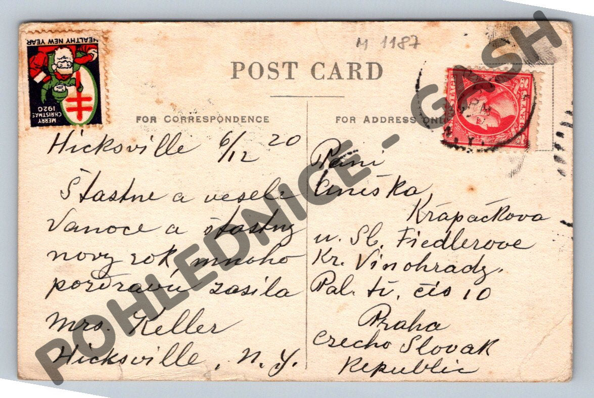 Pohlednice Vánoční USA–Praha 1920 (M1187)