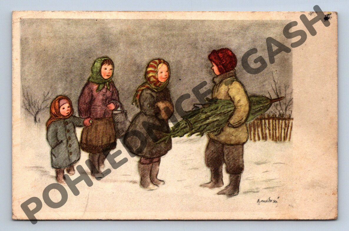 Pohlednice Děti se stromečkem – ČSR 1924 (M1193)