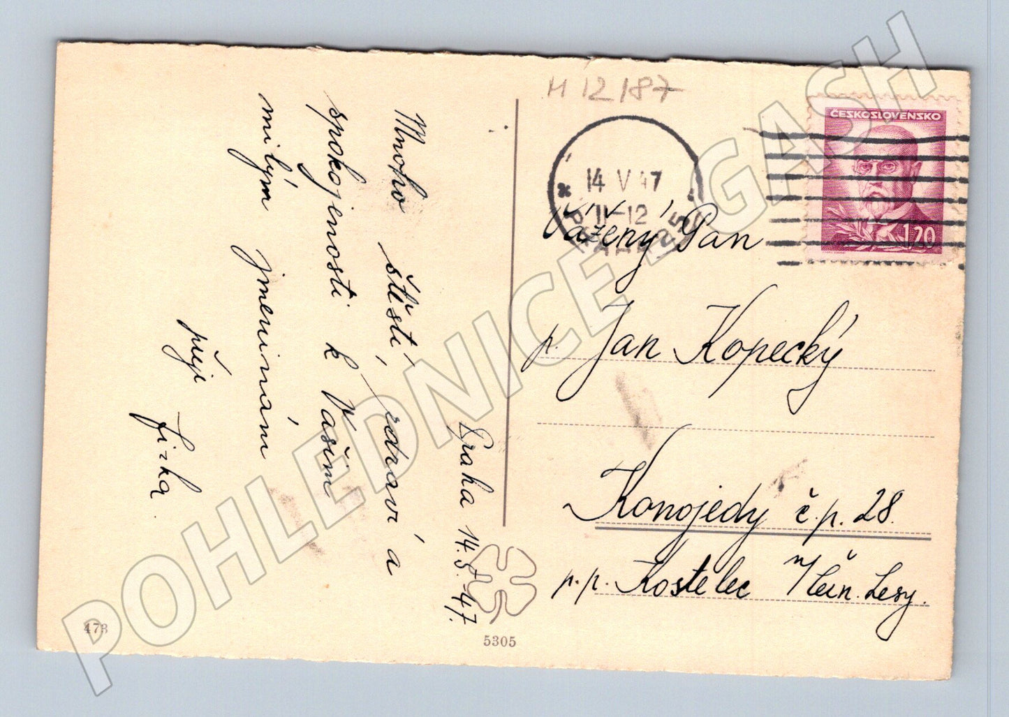 Pohlednice Růže 1947, známka Beneš (M12187)